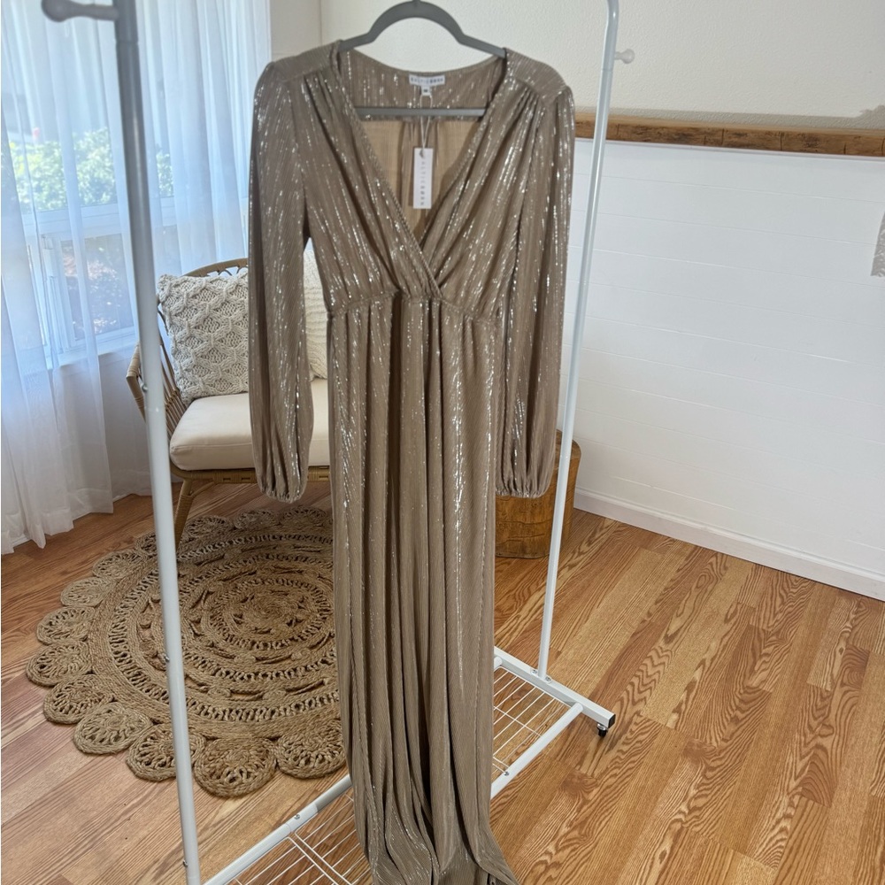 Baltic born gold pleated maxi dress long sleeve